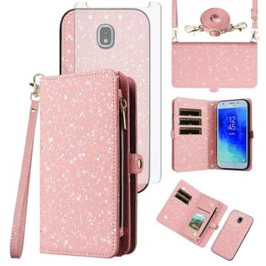 Imagem de Capa de telefone para Samsung Galaxy J3 Orbit J 3 Star 2018 3J Achieve Capa magnética destacável com protetor de tela e suporte de cartão com glitter Flip Cell J3V V 3ª geração SM J337A J337V J337