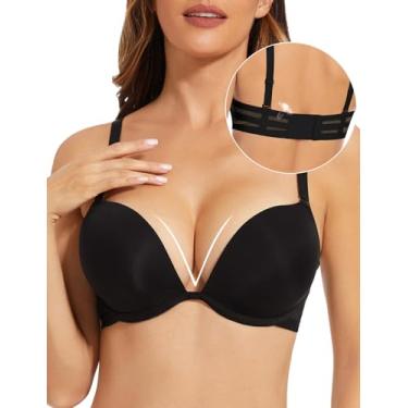 Imagem de Push Up Padded Bra Plunge T-Shirt Bras for Women Add 2 Cup Sizes Black 34D
