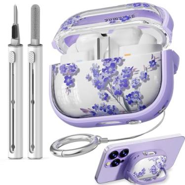 Imagem de Inesore Capa com trava de segurança para Samsung Galaxy Bud Pro 3/Galaxy Buds 3 com kit de limpeza e chaveiro, linda capa floral Buds Pro 3 para mulheres - flor de sino roxa