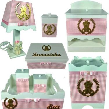 Imagem de Kit Higiene bebê Mdf menina 8 pçs - ROSA XADREX DE URSINHA - Flores pa