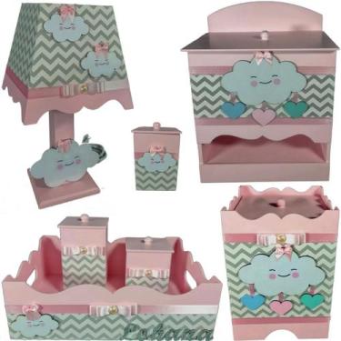 Imagem de Kit Higiene bebê Mdf menina 7 pçs - CHUVA DE AMOR ROSA BB CHEVRON CINZ