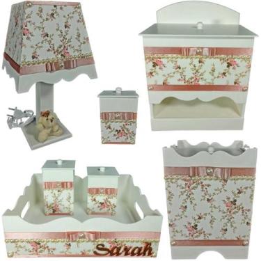 Imagem de Kit Higiene bebê Mdf menina 7 pçs - ROSÊ BRANCO FLORIDO E PÉROLAS - Fl