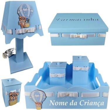Imagem de Kit de Higiene para quarto de bebê madeira Mdf 6 pçs - Ursinho balão a