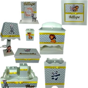 Imagem de Kit Higiene bebê Mdf 10pçs + nomes - SAFARI CHEVRON CINZA - Flores par