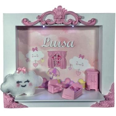 Imagem de Quadro de Porta Maternidade Cenário Led  e nome - CHUVA DE AMOR ROSA N
