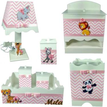 Imagem de Kit Higiene bebê Mdf menina 7 pçs - SAFARI MENINA CHEVRON ROSA - Flore