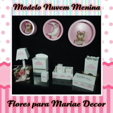 Imagem de Kit Higiene bebê mdf 8 pçs + 3 Nichos Rosa NUVEM MENINA (Pronta Entreg
