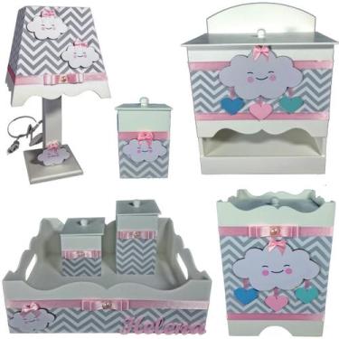 Imagem de Kit Higiene bebê Mdf decorado 7 pçs - CHUVA DE AMOR CHEVRON CINZA E RO
