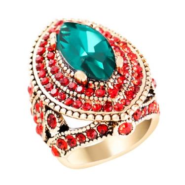 Imagem de CKHAO Anel feminino - 32 mm tamanho grande banhado a ouro antigo estilo turco pedra preciosa vermelha verde anel vintage joias femininas J0769verde vermelho, Resina de cristal de liga, cristal e