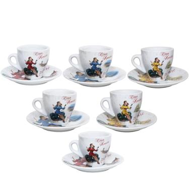 Imagem de Copos e pires de café expresso de porcelana Lorren Home, design de cena Vespa, 85 g, conjunto de 6