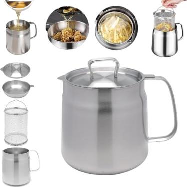 Imagem de Panela de filtro de óleo de aço inoxidável com filtro para cozinha, fritadeira pequena com cesta, protetor de gordura de bacon com filtro, recipiente de graxa com filtro, armazenamento de óleo de