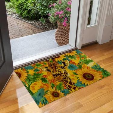 Imagem de UNDAHIS Tapete de porta interior girafa divertido, tapetes antiderrapantes de girassóis vibrantes para sala de estar e cozinha, tapete de boas-vindas de tecido não tecido para entrada, escritório