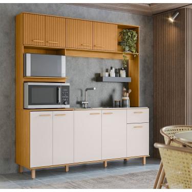 Imagem de Kit Cozinha Liz Para Pia 120m 9 Portas 1 Gaveta e Nicho p/ Microonda e Forno - Freijó Ripado/Off Acetinado Poliman