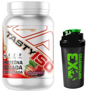 Imagem de Tasty Iso Sabor Morango 900g - Adaptogen + Coqueteleira 600ml - X3 Suplementos