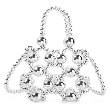 Imagem de Abvokury Bolsa de mão vazada com contas de acrílico para festa, Prata