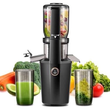 Imagem de Espremedor de prensa a frio, espremedor de mastigação lenta, calha de alimentação grande de 10,7 cm, máquinas de suco de vegetais e frutas, fácil de limpar, alto rendimento de suco, 250 W (preto)