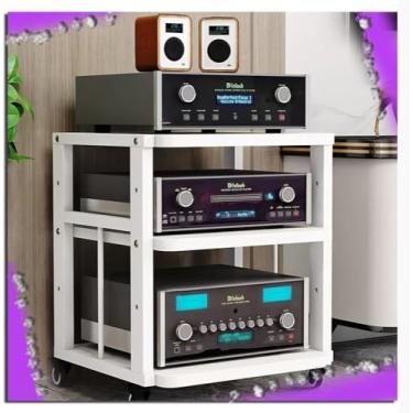 Imagem de Prateleira de armazenamento de áudio/vídeo, suporte de mídia com roda de freio, torre de áudio, prateleiras ajustáveis, armário de componentes de áudio de canto para componentes de entretenimento,