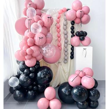 Imagem de Mythlty 160 Pink and Black Balloons Arch Kit with Black Bows with Different sizes 5 10 12 18 In, Double-Stuffed Light Pink Balloons for Birthday Baby Show Bat Mitzvah Bridal Shower Decorations