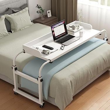 Imagem de Mesa de cabeceira móvel com 4 rodas, mesa de cabeceira ajustável sobre a cama 115-210 cm, mesa de computador, mesa de trabalho, bandeja de alimentos, rolante, médica, para casa, quarto