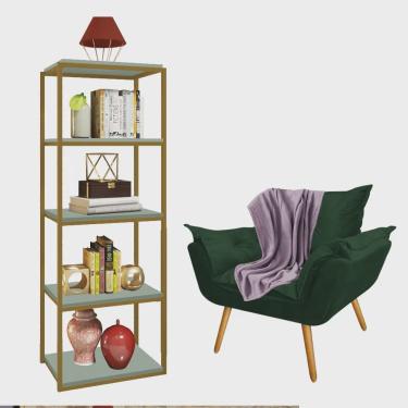 Imagem de Kit Poltrona Fatte com Manta Soft Lilás e Estante Livreiro Ferro Dourado mdf Verde Oliva Suede Verde Musgo - Ahz Móveis