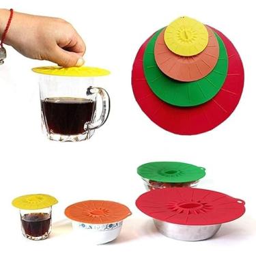 Imagem de Kit 4 Tampas De Silicone Sucção Cobre Alimentos para microondas, panelas, frigideiras, canecas e recipientes