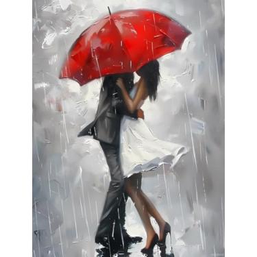 Imagem de HMDIIMGE Kits de pintura de diamante casal se beijando sob o guarda-chuva vermelho, kits de arte de diamante para adultos, pintura de guarda-chuva, artesanato, decoração de parede para casa, faça você