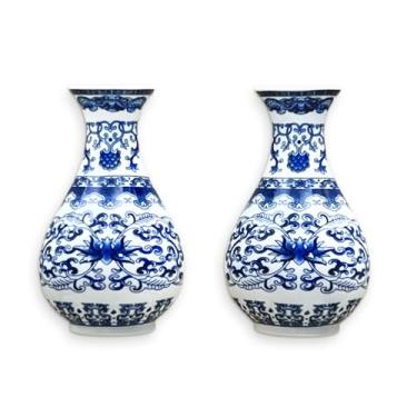 Imagem de GDSZJLJ Conjunto de dois vasos de parede de porcelana chinesa azul e branca para flores, vasos de parede de cerâmica chinoiserie feitos à mão, decoração de casa para sala de estar, estante de livros e