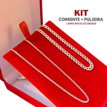 Imagem de Conjunto Prata Grumet Masculina 70cm e Pulseira Italiana 5mm - Alzza P