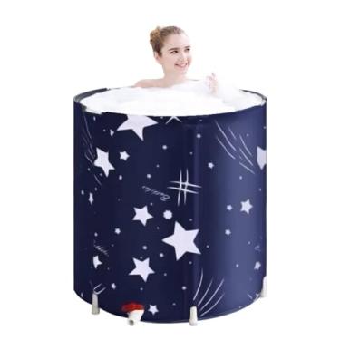 Imagem de PLKO Banheira dobrável portátil de imersão, banheira portátil para adultos, banheira de imersão dobrável para chuveiro, espessamento com espuma térmica para manter a temperatura (céu azul)