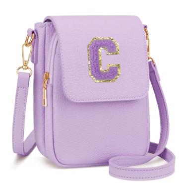 Imagem de CLOUDWINGS Bolsa tiracolo pequena com inicial inicial de presente para adolescentes, couro vegano, bolsa infantil, Roxa, C