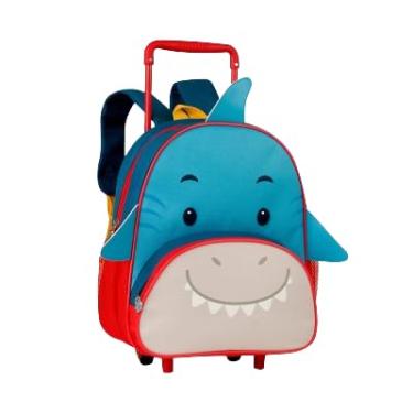 Imagem de Mochila Infantil com Rodas, Design de Tubarão Azul, Alça de Transporte Vermelha, Ideal para Crianças