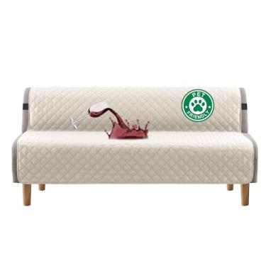 Imagem de Capa de futon 100% à prova d'água Turquoize, lavável, sem braços, para sofá-cama, com largura de até 178 cm, com alça elástica ajustável, antiderrapante para cães, marfim