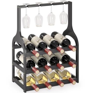 Imagem de Bancada de rack de vinho para 12 garrafas de vinho e 4 suportes de vidro, prateleiras pequenas sem bambu, expositor de mesa, organizador de armazenamento de vinho de madeira para armário, despensa
