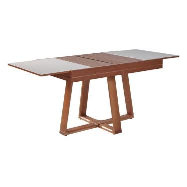 Imagem de Mesa De Jantar Caroline 1,20m Extensível 1,80m Em Madeira Maciça Imbuia Tampo Vidro Off White