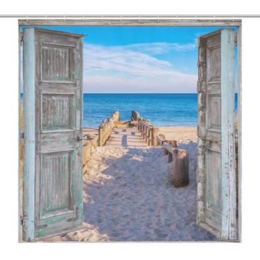 Imagem de Yoakiet Cortinas de chuveiro oceânico, verão praia praia paisagem vintage rústica portas de celeiro impressão para banheiro decoração de casa conjunto com 12 ganchos de plástico 66 x 72 polegadas (168