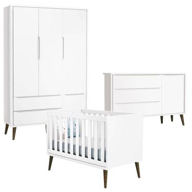Imagem de Quarto de Bebê Theo 3 Portas 2 Gavetas em MDF 133cm Branco Acetinado com Pés Amadeirado Reller Móveis