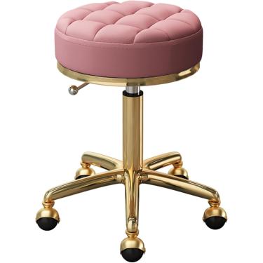 Imagem de Cadeira Com Rodas Ajustável Com Aço Metal Dourado 5 Garras Para Salões De Beleza, Escritório, Bancos De Bar - Assento Redondo Com Rodas De Terra - Móveis Ergonômicos Ideais (, Pink