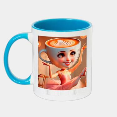 Imagem de Caneca Branca com Alça e Interna Azul de Porcelana 325ml - Ballerina Cappuccina Italian Brainrot Meme
