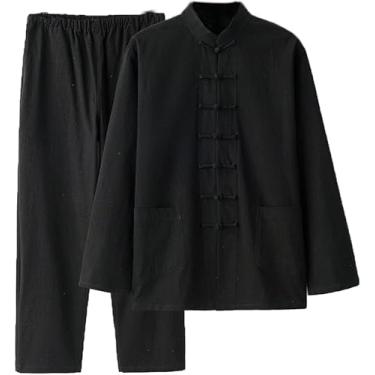 Imagem de Terno Tang Masculino Roupas Tradicionais Respirável Confortável Terno De Artes Marciais Kung Fu Uniforme Algodão Linho Tai Chi Roupas Calças De Manga Comprida, Black, （3XL-4XL）