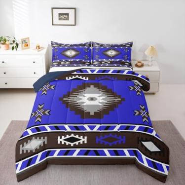 Imagem de Erosebridal Jogo de cama tribal asteca, tamanho casal, étnico, azul, decoração de quarto ocidental, geometria do sudoeste, edredom rústico indiano oriental com 2 fronhas
