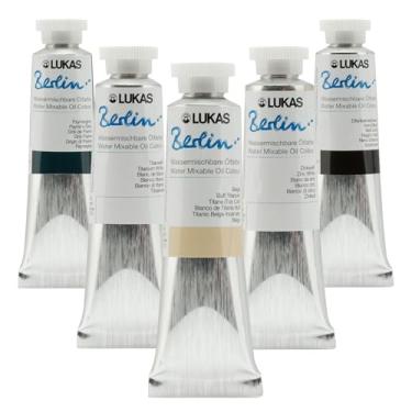 Imagem de Lukas Tinta a óleo misturável em água - ecológica, cinza, preto, branco, conjunto de 5, tinta a óleo artística sem solventes com pigmentos resistentes à luz e cera de abelha para consistência suave