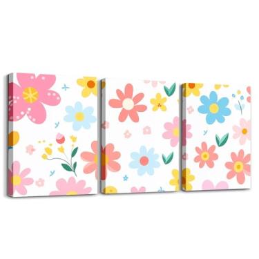 Imagem de Feelyou Arte de parede em tela de 3 peças de flores fofas para sala de estar quarto desenho fofo floral decoração de escritório arte de parede amarelo rosa para decoração de casa, pôsteres com imagens