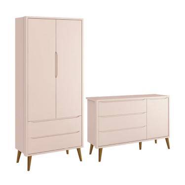 Imagem de Jogo de Quarto Infantil Theo Retrô Guarda Roupa 2 Portas e Cômoda 1 Porta com Pés Amadeirado - Reller Móveis Rosa Fosco