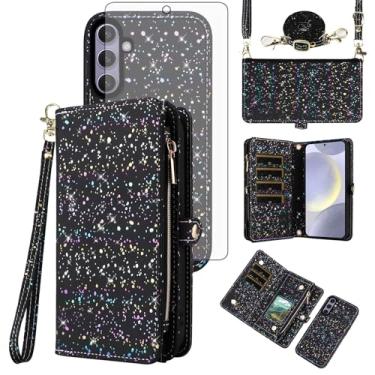 Imagem de Capa de celular para Samsung Galaxy S24 Plus/S25 Plus S24+ S25+ 5G Carteira magnética destacável com protetor de tela e suporte de cartão com glitter, celular S24Plus 24S + S 24 24+ S25Plus 25S 25+,
