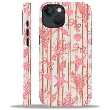 Imagem de ZHEGAILIAN Capa compatível com iPhone 15 Plus, capa de telefone com design de laço coral com concha de lagosta, camada dupla mista + creme protetor de choque TPU de silicone macio