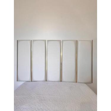 Imagem de Cabeceira estofada antialergica Adesiva em módulos com fitas douradas (Branco, cama casal padrao 1,48 x 0,60)