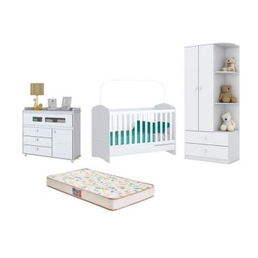 Imagem de Berço Bala de Menta e Cômoda Aquarela e Guarda Roupa Labirinto Branco e Colchão - FdECOR