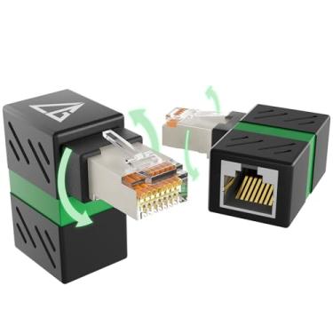 Imagem de CableGeeker Pacote com 2 adaptadores Ethernet de ângulo reto Cat6A de 10 Gbps 360°, conector RJ45 macho para fêmea de 90 graus para rede doméstica de escritório, adaptador de cabo de extensão LAN