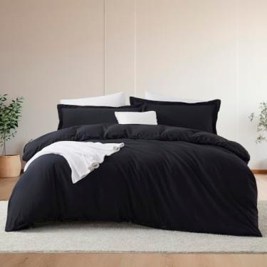 Imagem de Hearth & Harbor Conjunto de capa de edredom e lençol de cama queen size, preto, 7 peças, macio escovado, inclui capa de edredom, lençol de cima, lençol com elástico, fronhas e fronhas