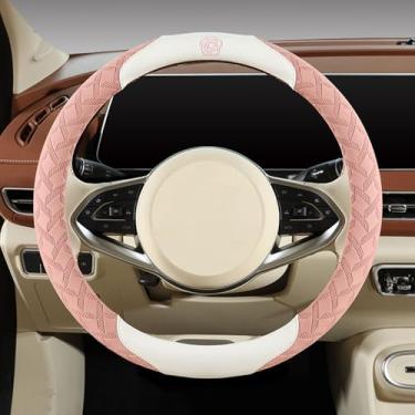 Imagem de Capas de volante de microfibra elástica para mulheres, ajuste universal, carro de 38 cm, linda flor de camélia, antiderrapante, respirável, absorvente de suor (rosa)